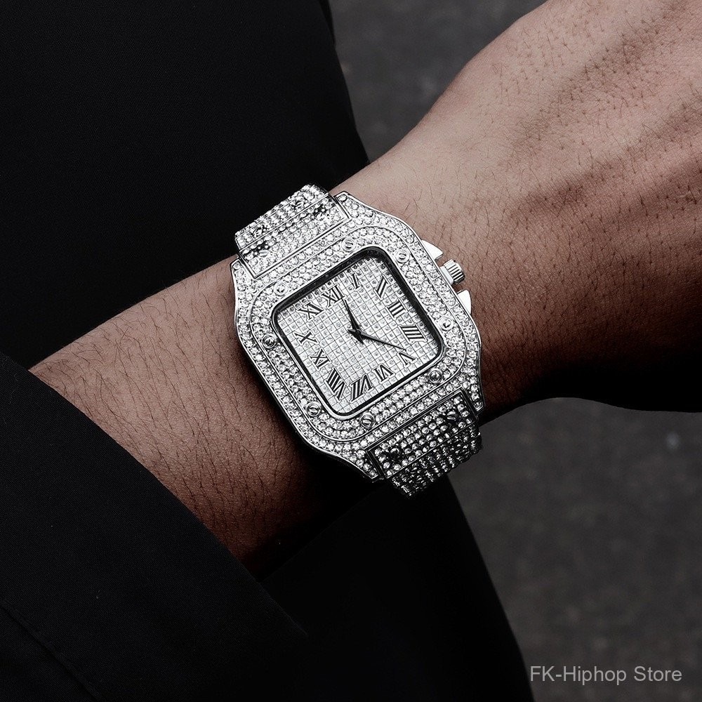 【FK】นาฬิกาผู้ชาย Ice ใหม่พร้อมสายโซ่แบบตะขอ สร้อยข้อมือโซ่คิวบาสำหรับผู้ชาย ชุดนาฬิกาเงินฮิปฮอปสำหรับผู้ชาย