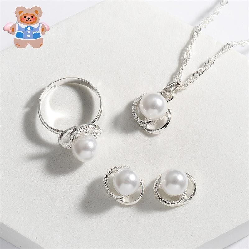[CRD]Jewelry 925 Silver 3in1 Pearl Set ต่างหูสร้อยคอแหวนปรับขนาดได้สําหรับผู้หญิง