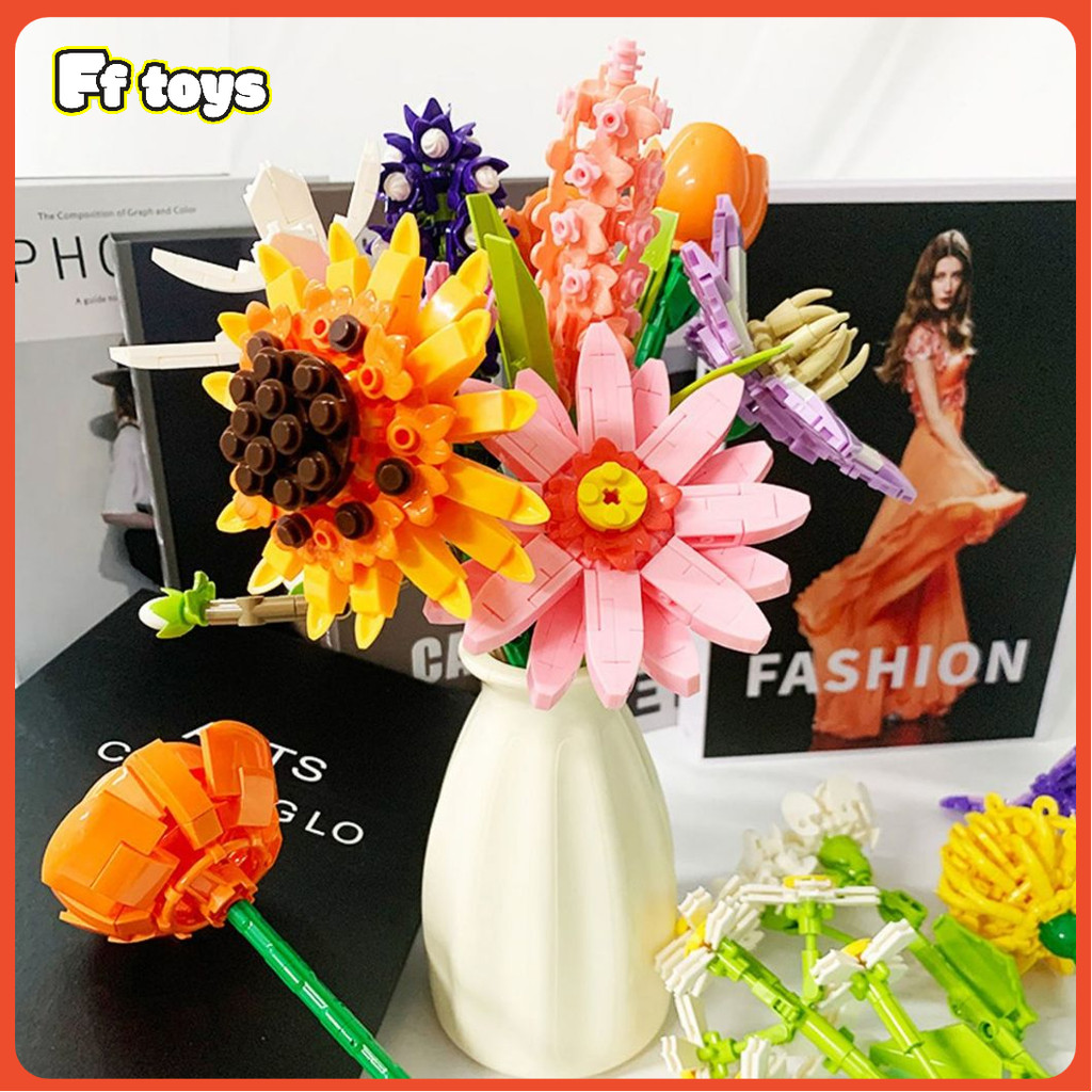 🌹🌻48 รุ่น ดอกไม้อมตะ ตัวต่อ  ดอกทานตะวัน  กุหลาบ  ดอกทิวลิป  รวมกันฟรี ของขวัญ เล่นของ DIY รักนิรนดร์ <FFtoys>