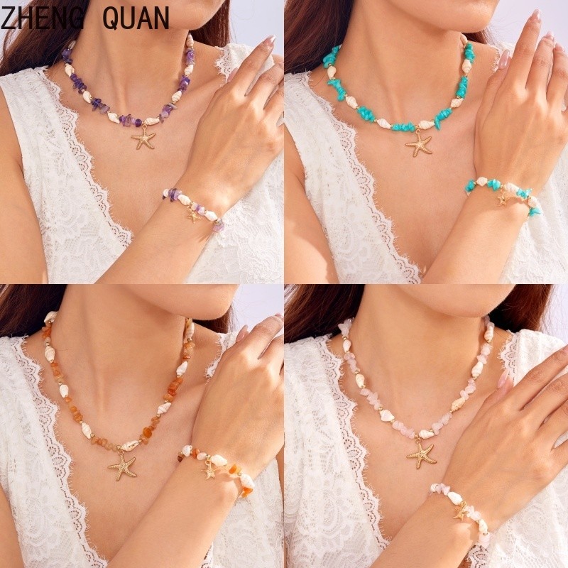 1 ชุด Handmade ปลาดาว Conch Shell สร้อยคอสร้อยข้อมือที่มีสีสันกรวดหินโปร่งใสลูกปัดสร้อยคอสร้อยข้อมือผู้หญิงชายหาดชุดเครื่องประดับ Boho ของขวัญวันหยุด Transarent สีชมพู