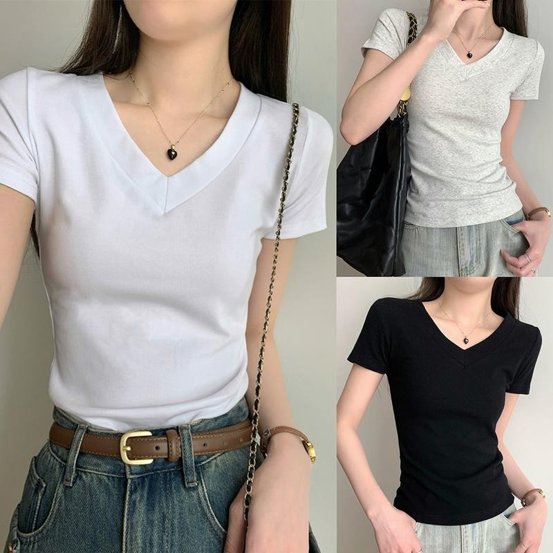 Anata เสื้อยืดลำลองสีขาวคอวีผู้หญิงแขนสั้นบางแฟชั่นท็อปส์เสื้อยืดพื้นฐานสไตล์เรียบง่าย – โปรปัง