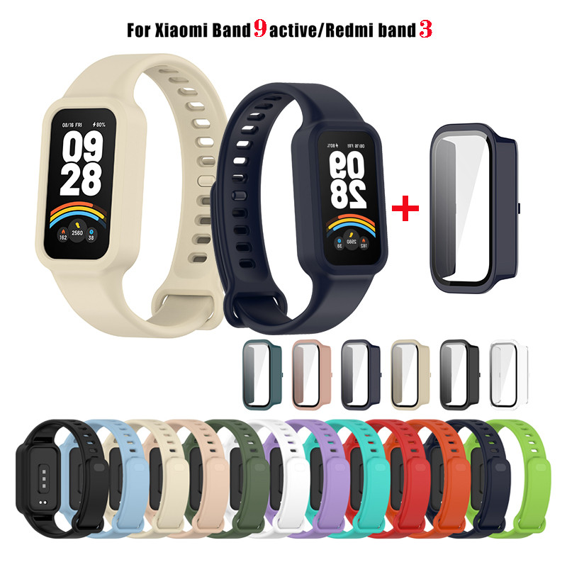 สําหรับ Redmi Band 3 / Xiaomi Band 9 Active Strap Case กระจกนิรภัยป้องกันหน้าจอชุบฝาครอบซิลิโคน Band