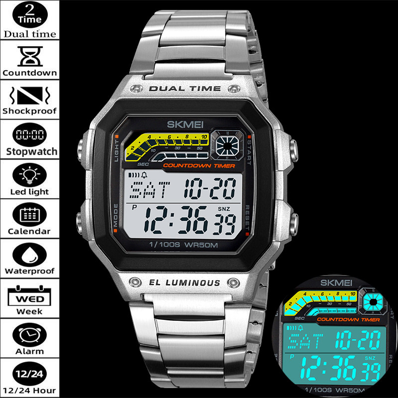 Skmei Mens Dual Time พร้อมนาฬิกาจับเวลา LED Chronograph 50M กันน้ํา 12 24 ชั่วโม
