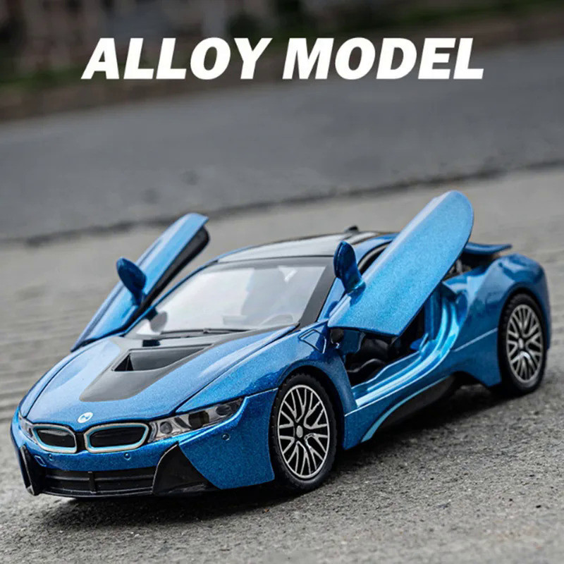 1:32 Scale BMW I8 Alloy Sports Model Miniature Car Toy Diecast Metal 4 Doors Opened Sound Light Vehi