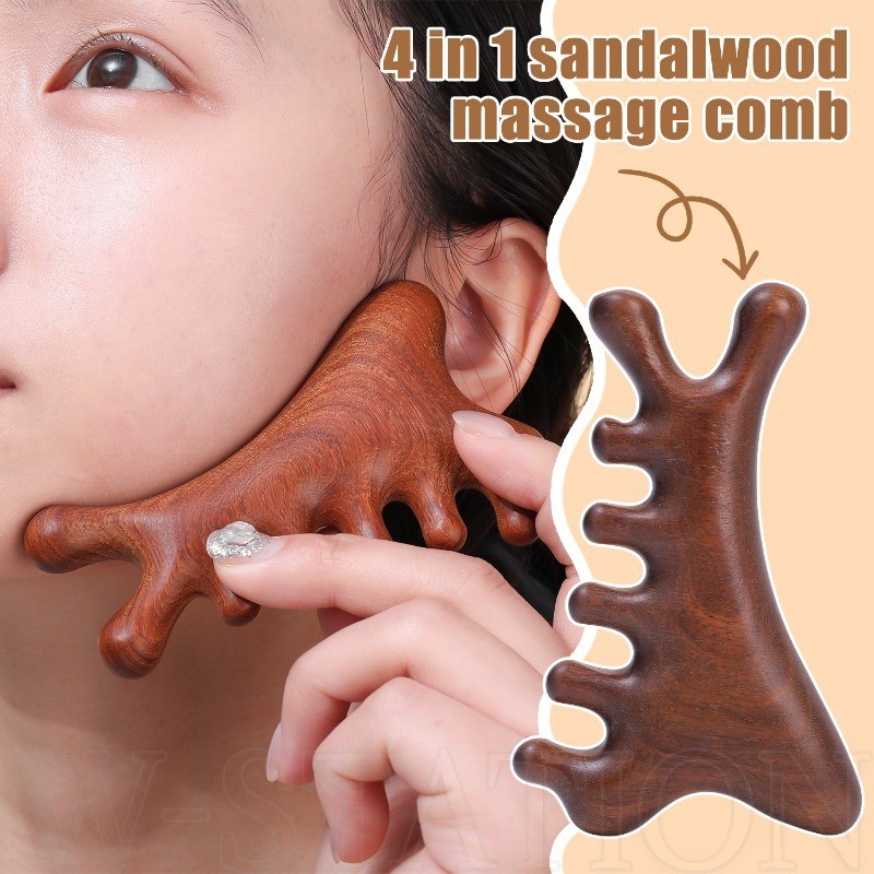 หวีนวดไม้จันทน์ 4-in-1 - หวีนวดมัลติฟังก์ชั่น - เครื่องมือนวดตัว - สําหรับหัว ใบหน้า คอ ไหล่ - ช่วยการไหลเวียนโลหิต ป้องกันไฟฟ้าสถิต