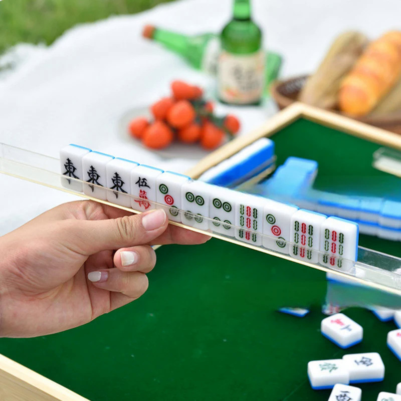 Chinese Mahjong Game Set, and Dices Tile Rulers Board Game Mini Mahjong Set with Folding Mahjong Tab