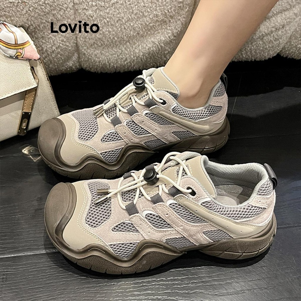 Lovito สปอร์ตตี้สีพื้นสีของสีMatching ตาข่ายBreathable รองเท้าผ้าใบทรงคุณพ่อสุดน่ารักสำหรับผู้หญิง  LFA59244