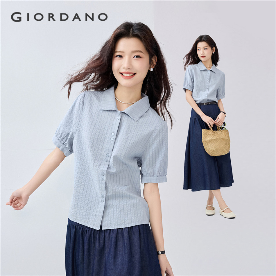 GIORDANO WOMEN Subtle jacquard stripe short sleeve cotton shirt 05345467
