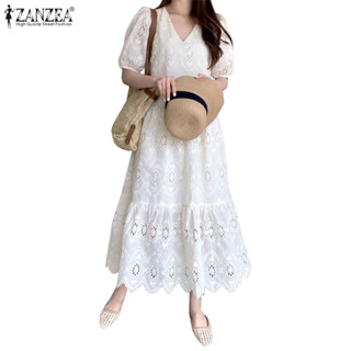 Zanzea ผู้หญิงวันหยุดเกาหลีลําลอง V คอพัฟแขนลูกไม้ Splicing …