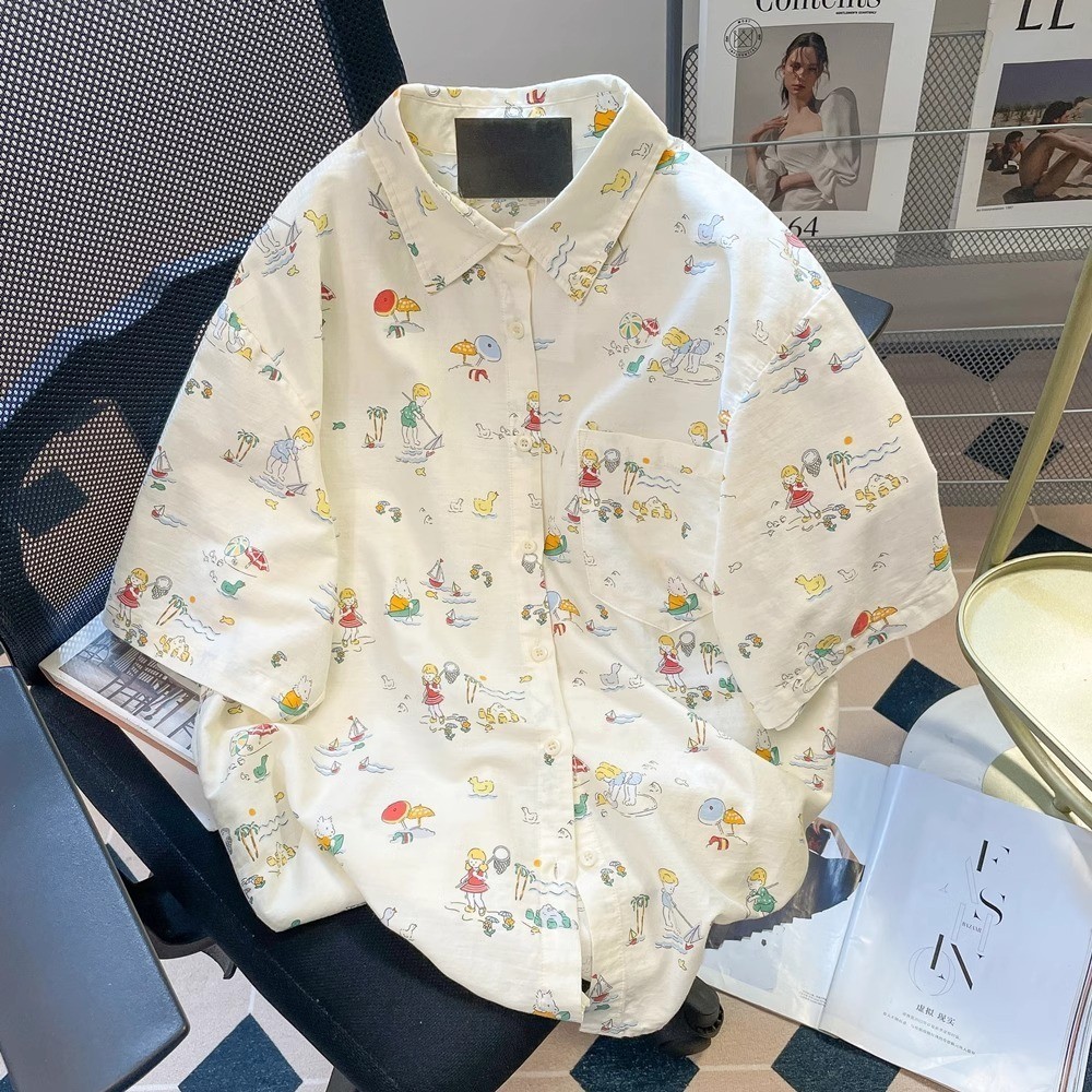 ผู้ชายผู้หญิงสไตล์เดียวกันดอกไม้อินเทรนด์น่ารักเยาวชนยอดนิยมแขนสั้น