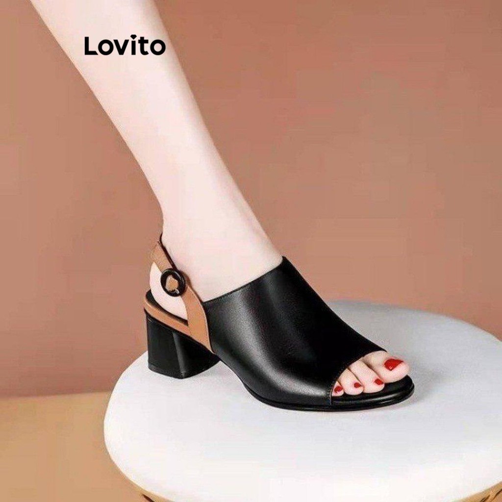 Lovito สง่างามธรรมดา บล็อกสี รองเท้าปากปลาส้นบล็อกอเนกประสงค์ที่เรียบง่ายสําหรับผู้หญิง  LFA65247