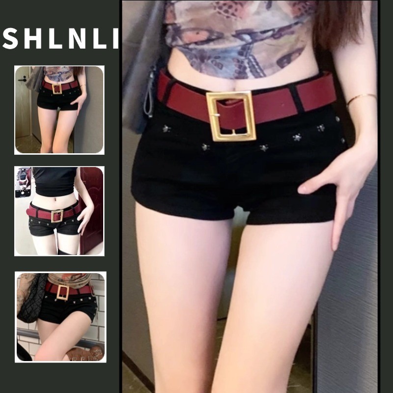 Rivet Hottie ฤดูร้อนต่ําเอวกางเกงยีนส์ผู้หญิงสีดําเซ็กซี่อเมริกัน Slim Fit กางเกงขาสั้น