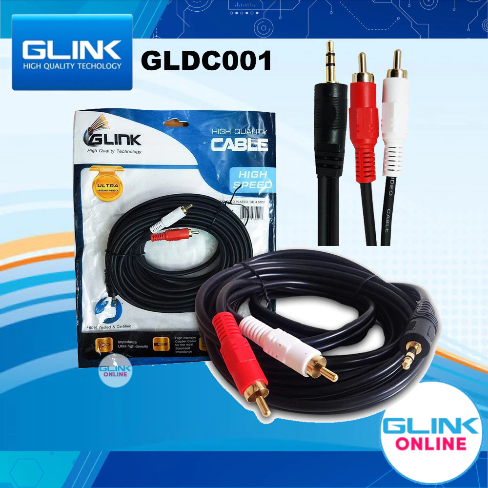 ✅มาตรฐาน GLINK GLDC001 สายลำโพง GLDC-01 CABLE SOUND PC TO SPEAKER JACK AUX 3.5mm to RCA 1:2 M/M 1ออก2