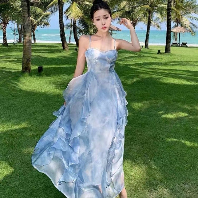 ชุดเดรสยาว เหมาะกับเดินชายหาด แฟชั่นฤดูร้อน สไตล์ใหม่ มีสีฟ้า