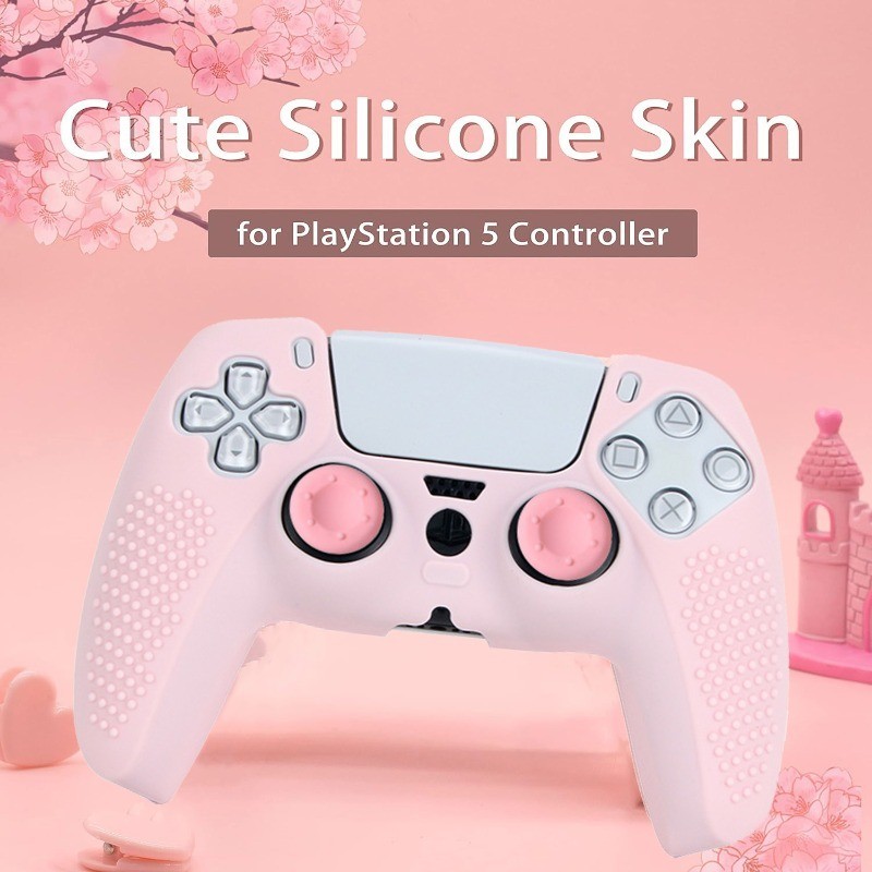 เคสจอยสติ๊ก ยางซิลิโคนนิ่ม กันลื่น ลายดอกซากุระน่ารัก สีชมพู สําหรับ PS5 PS5 PlayStation 5