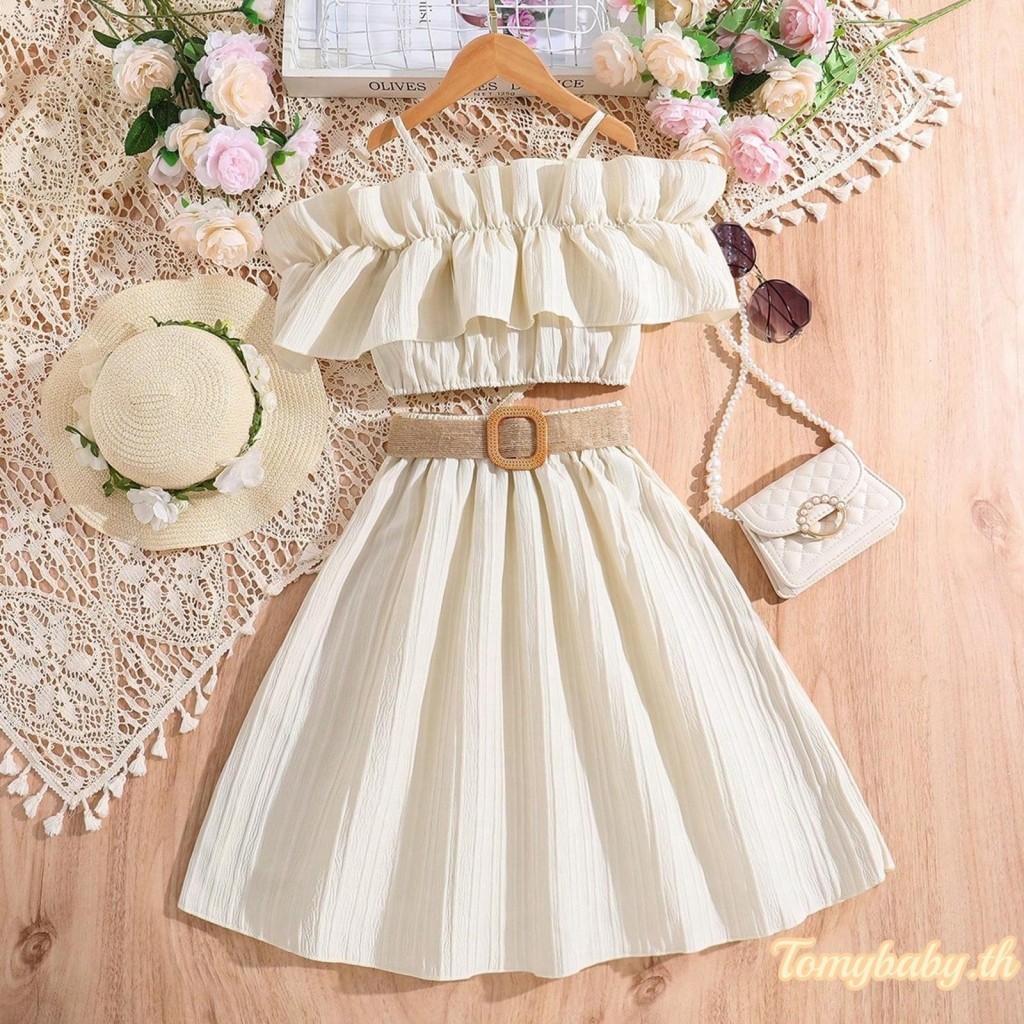 Tomybaby- เสื้อครอปท็อป เปิดไหล่ สายสปาเก็ตตี้ และกระโปรง พร้อมเข็มขัด แฟชั่นฤดูร้อน สําหรับเด็กผู้หญิง 2 ชิ้น