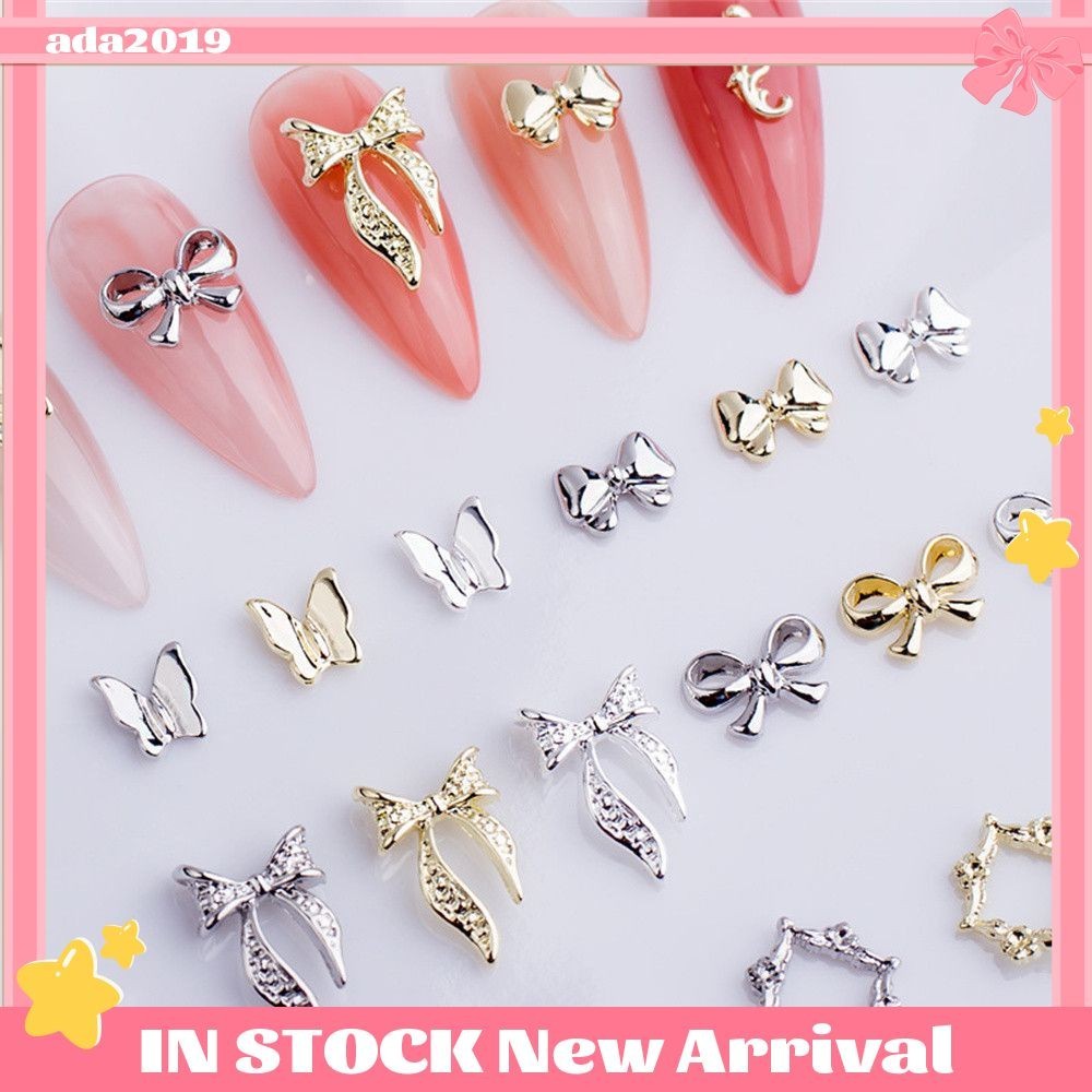 10 ชิ้น 3d Stereoscopic เครื่องประดับเล็บเครื่องประดับเล็บ Rhinestone Bow Silver Gold Super Flash Drop จี้เครื่องประดับเล็บ Silver gold