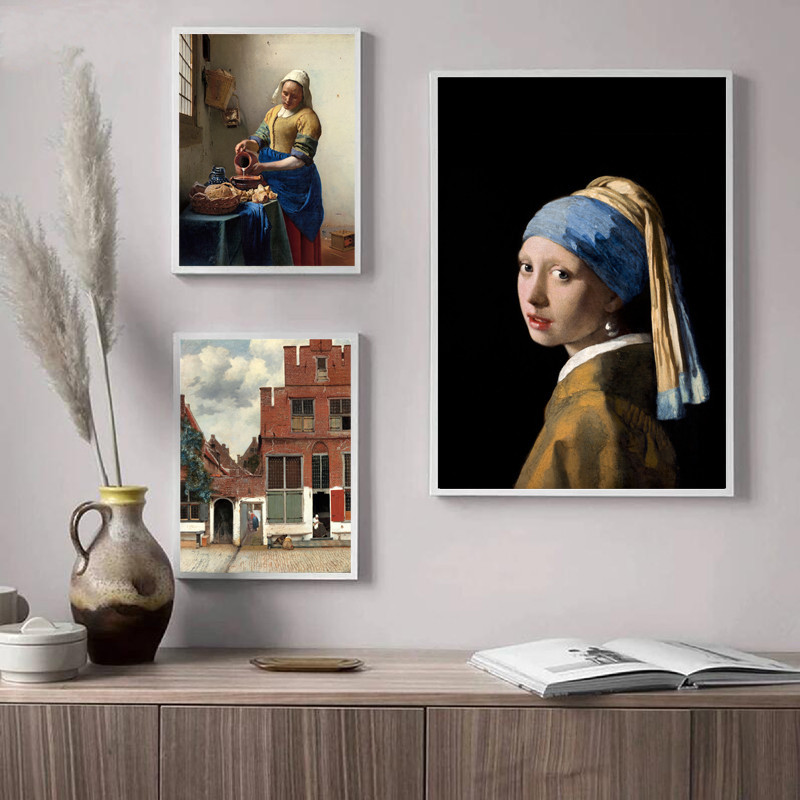 โปสเตอร์ภาพวาดศิลปะ รูปเด็กผู้หญิง สาวน้อย แม่บ้าน ประดับมุก โดย Johannes Vermeer Gallery ผ้าแคนวาส สําหรับตกแต่งผนัง ห้องนั่งเล่น
