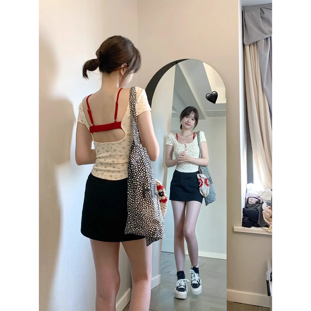 Xiao สาวร ้ อนดอกไม ้ พร ้ อมแผ ่ นหน ้ าอกปลอมสองชิ ้ นเสื ้ อยืดแขนสั ้ นผู ้ หญิงฤดูร ้ อนสไตล ์ ใหม ่ ออกแบบ Niche Top เสื ้ อผ ้ าติดตาม Mink จํา SMSJ