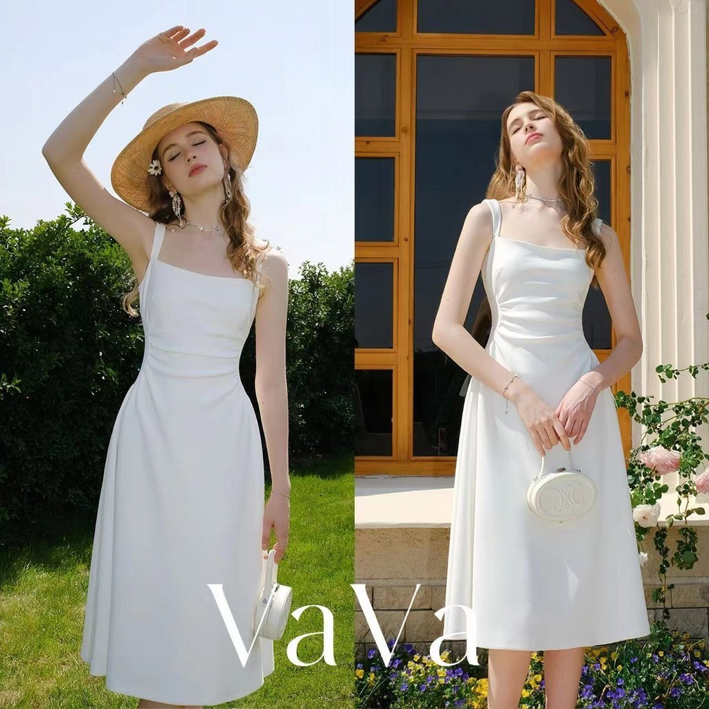 VaVa ชุดเดรสสายเอี๊ยมขาวดำระดับไฮเอนด์ เดรสฝรั่งเศส เรียบง่ายและสง่างาม