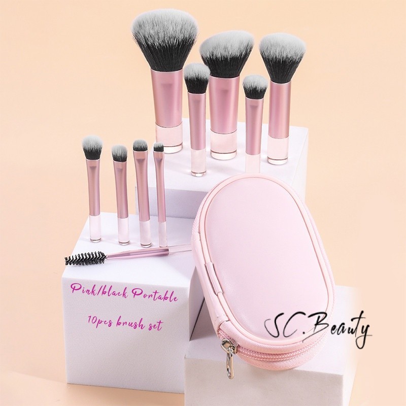 ชุดแปรงแต่งหน้าสีชมพูและสีดำ 10 ชิ้น พร้อมกระเป๋า ด้ามสั้น แปรงแต่งหน้าแบบพกพาขนาดเล็ก