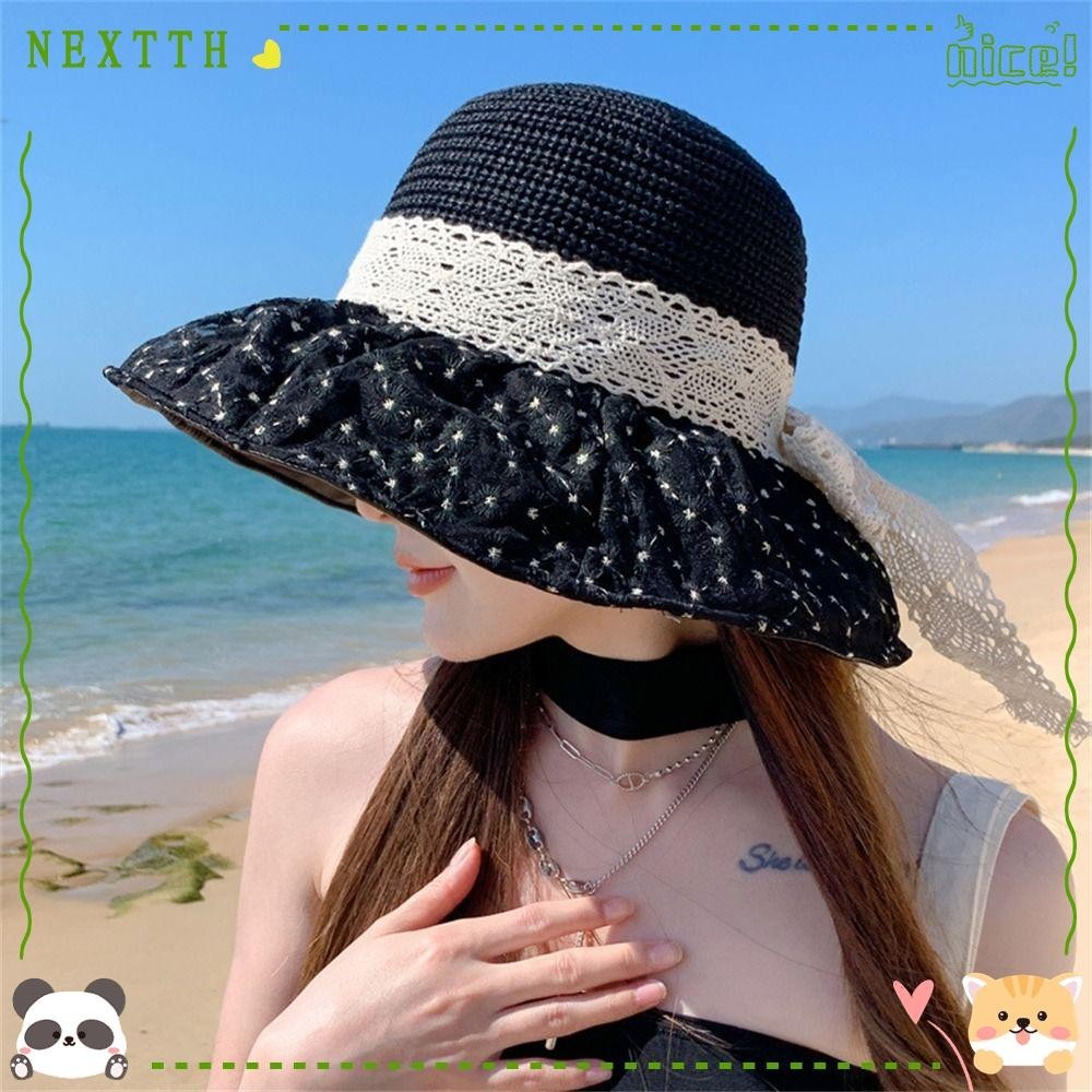 Nextth Sun Hat, Sunscreen Bowknot Sun Protection Hat, Leisure UV Protection Mesh Lace Sunshade Hat Summer