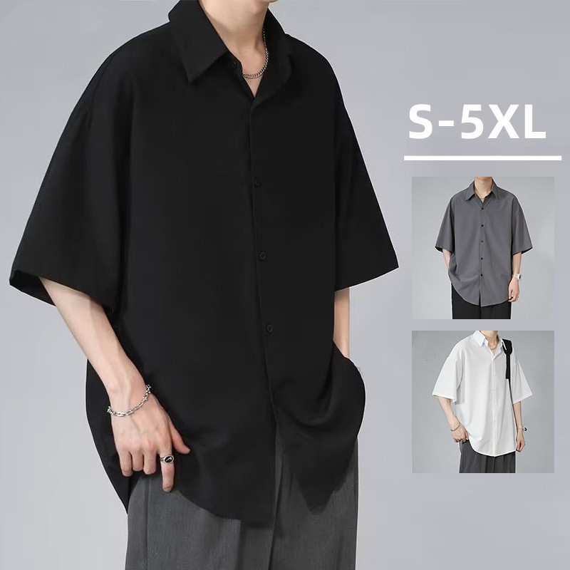 เสื้อเชิ้ตแขนสั้นผู้ชาย เสื้อเชิ้ตแขนสั้นผ้าไหมน้ําแข็งบางฤดูร้อนพร้อมเสื้อเชิ้ตทรงหลวมเดรปและหล่อ