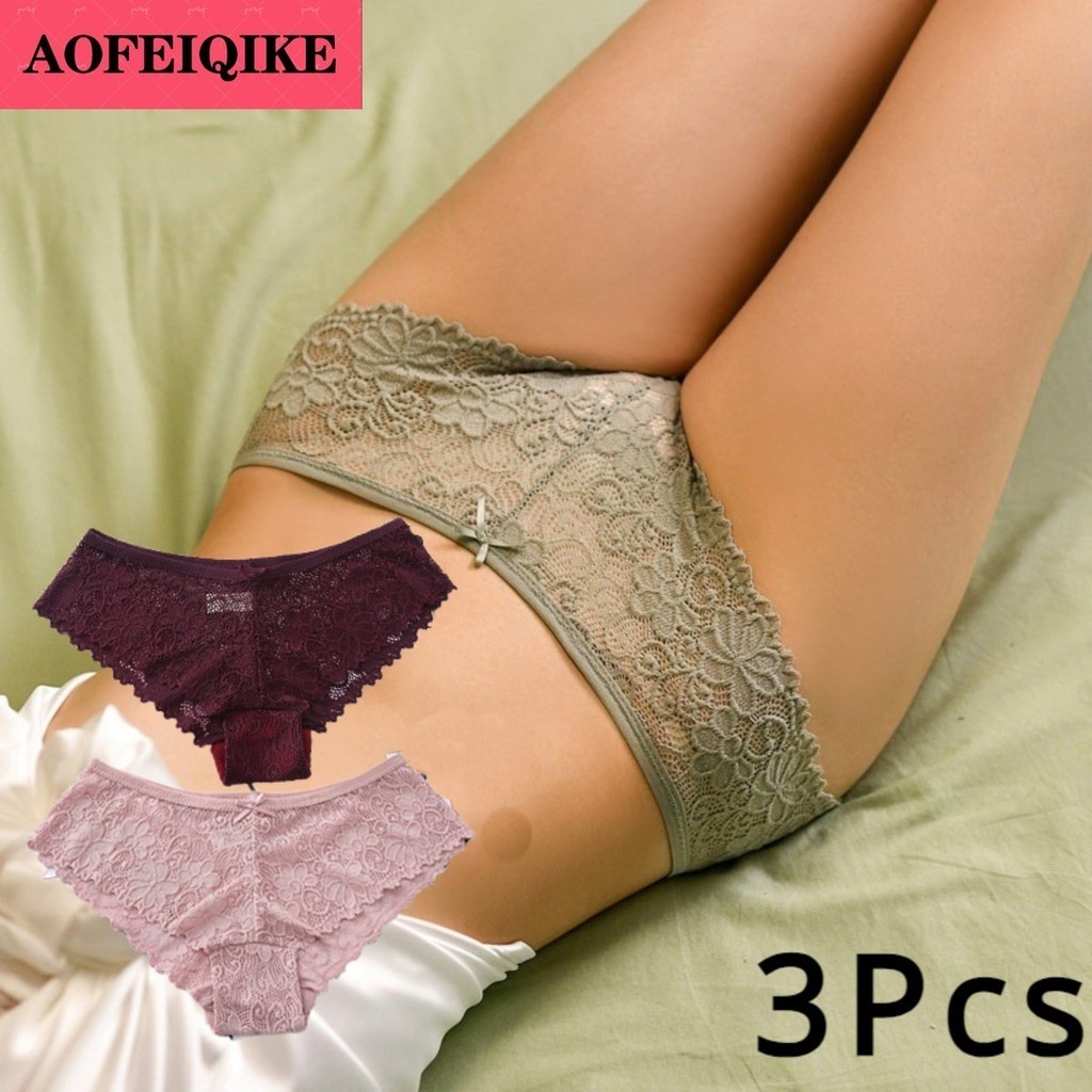 Aofeiqike 1/3pcs กางเกงชั ้ นในลูกไม ้ สําหรับผู ้ หญิงกางเกงไม ่ มีรอยต ่ อเอวต ่ ําชุดชั ้ นใน Breathable Plus ขนาด M-XXL