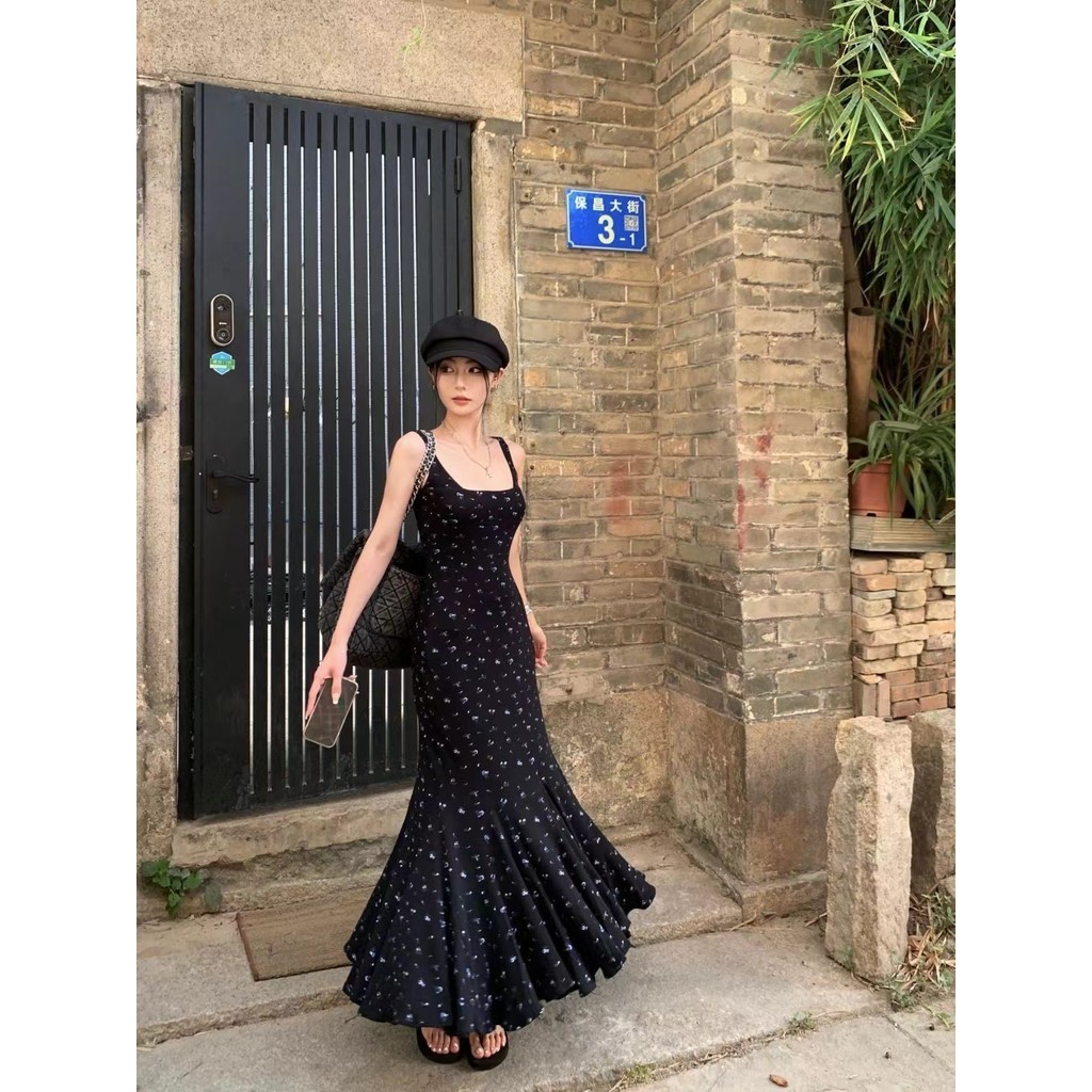 Xiao ปรับดอกไม ้ ฝรั ่ งเศสสแควร ์ คอ Suspender ชุด Halter กระโปรงสะโพกบรรจุ Fishtail กระโปรงยาวภายน