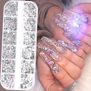 กล่อง 3D แบนกลับเล็บ Rhinestones เล็บอัญมณีแก้ว AB & Clear คริสตัล Rhinestones ชุดเล็บ Charms DIY เครื่องมือ