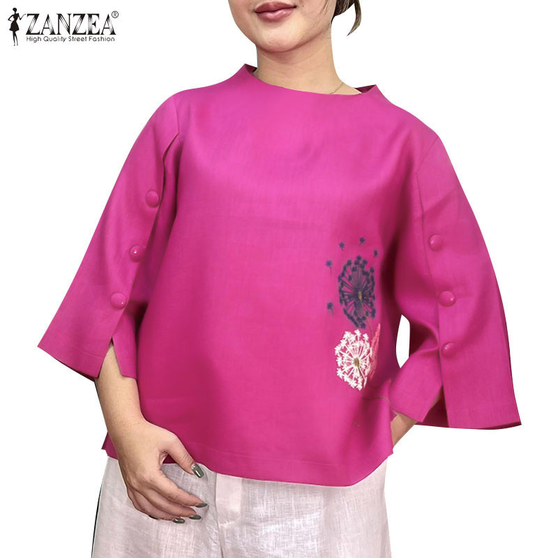 Zanzea ผู ้ หญิงเกาหลีลําลองคอกลมเย ็ บปักถักร ้ อยพิมพ ์ เสื ้ อหลวม