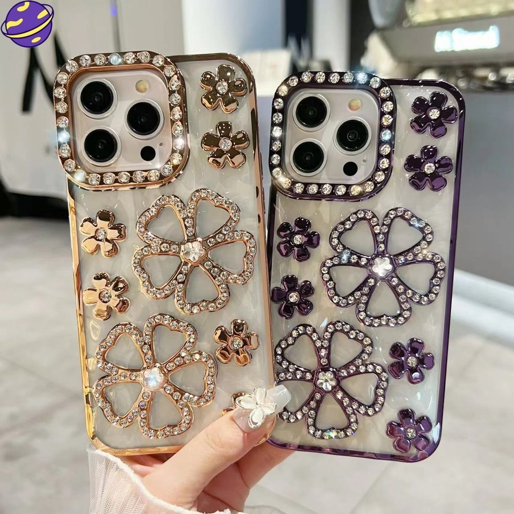 Electroplated ดอกไม้ TPU เคสโทรศัพท์เพชรสําหรับ IPhone 15 14 13 12 11 Pro Max 3D ดอกไม้เพชรเลนส์ฝาครอบ Anti Drop ปลอกนุ่ม