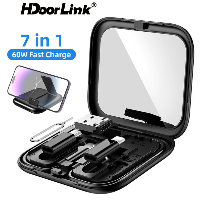 Hdoorlink 7 In 1 60w 60w สายชาร์จเร็ว Type-C สายเคเบิลข้อมูลโทรศัพท์มือถือ USB Charger ชุดกล่องเก็บพร้อมกระจกเหมาะสําหรับ Huawei สําหรับ Xiaomi