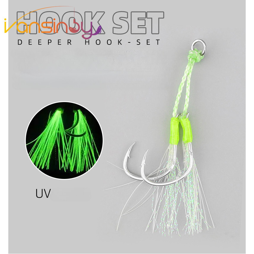 1pcs ตะขอตกปลา Luminous 1/0-4/0 Assist Hook jig Lure UV Double Hook Slow Fast Double Fish jig Assist Hooks