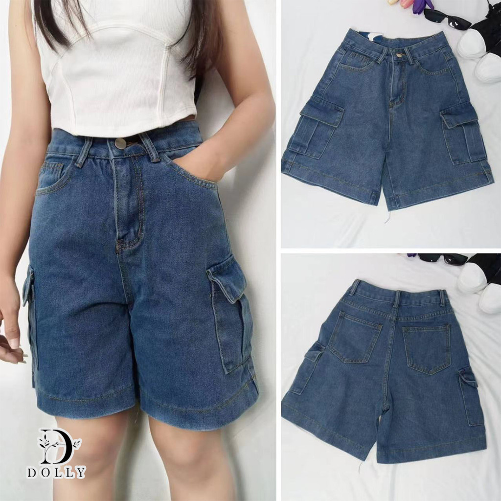 DOLLY กางเกงคาร์โก้วินเทจ กางเกงยีนส์ขาสั้น ยีนส์น้ำเงินพร้อมกระเป๋าข้างเท่ๆ