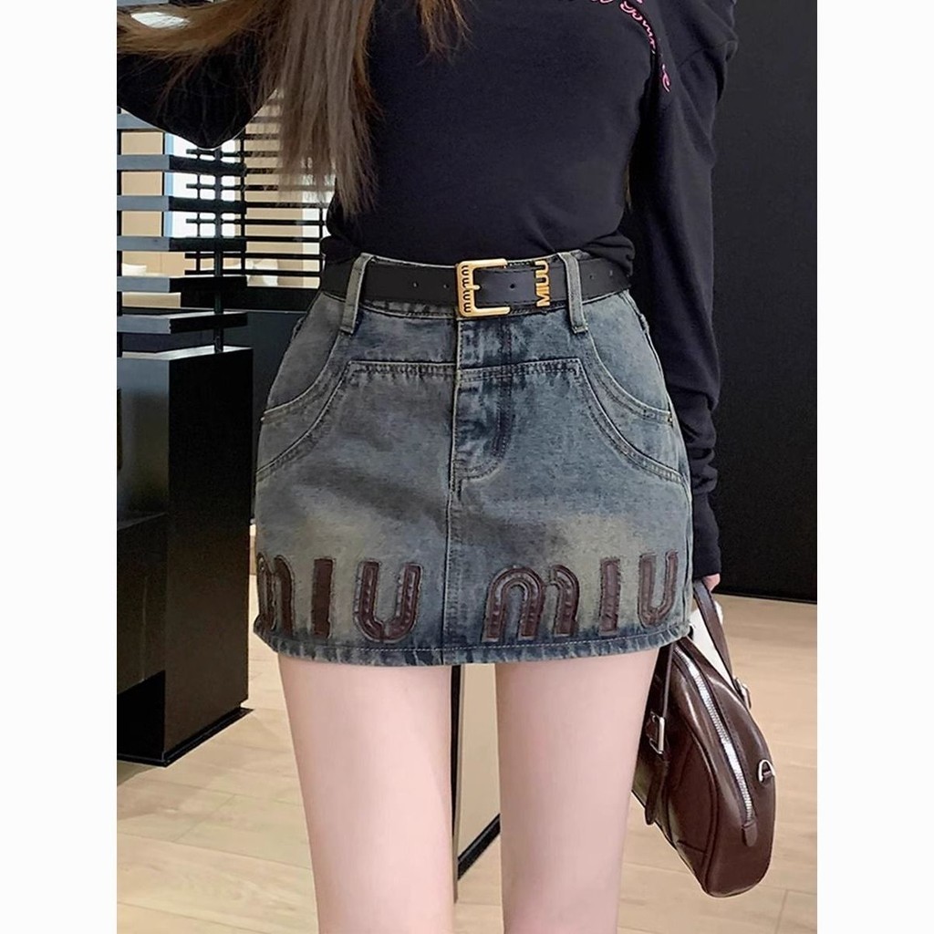 Letter Patch Denim กระโปรงผู ้ หญิงฤดูร ้ อนสไตล ์ ใหม ่ เอวสูง Slimmer ดู a-Line กระโปรงสะโพก