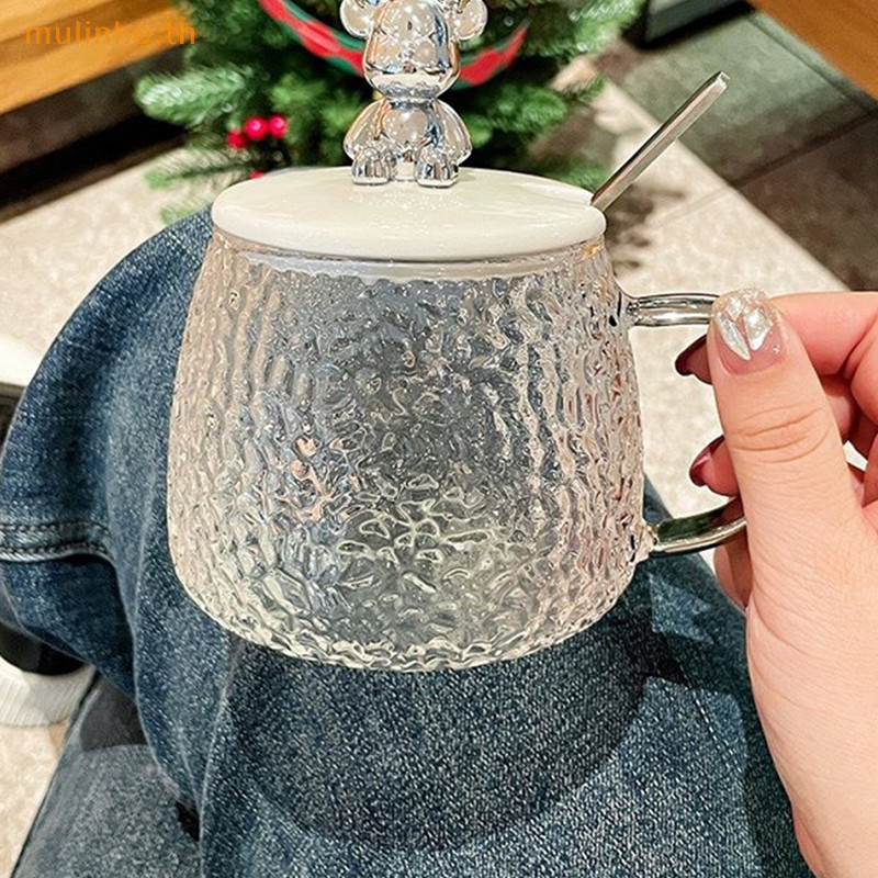 มูลินเฮ ค้อนหมีถ้วยแก้วถ้วยกาแฟที่เรียบง่ายอินสไตล์ถ้วยน้ําหญิงที่มีการจัดการที่มีฝาปิดถ้วยอาหารเช้าถ้วยชาโปร่งใส ไทย