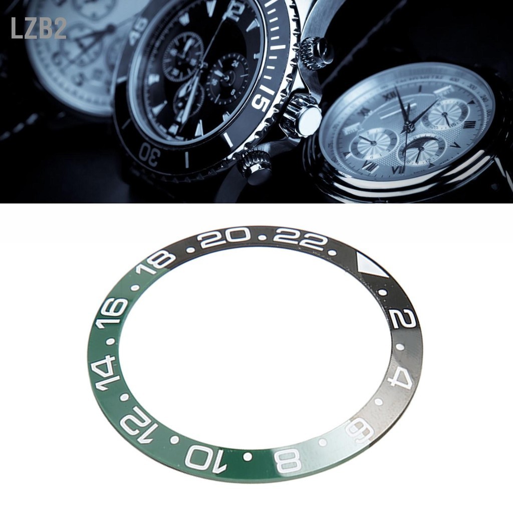 LZB2 เส้นผ่านศูนย์กลาง 38 มม. GMT นาฬิกา Bezel แทรกแหวนสีดำฐานสีเขียวตัวอักษรสีขาวเซรามิค แทรกฐานแหวน