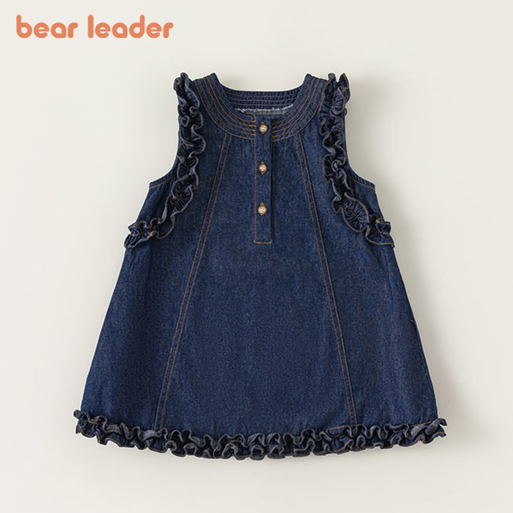 Bear Leader สีทึบลูกไม ้ แขนกุดชุดเจ ้ าหญิงสบายๆยีนส ์ สาวเสื ้ อผ ้ า 2-7 ปีเด ็ กแฟชั ่ นสวมใส ่