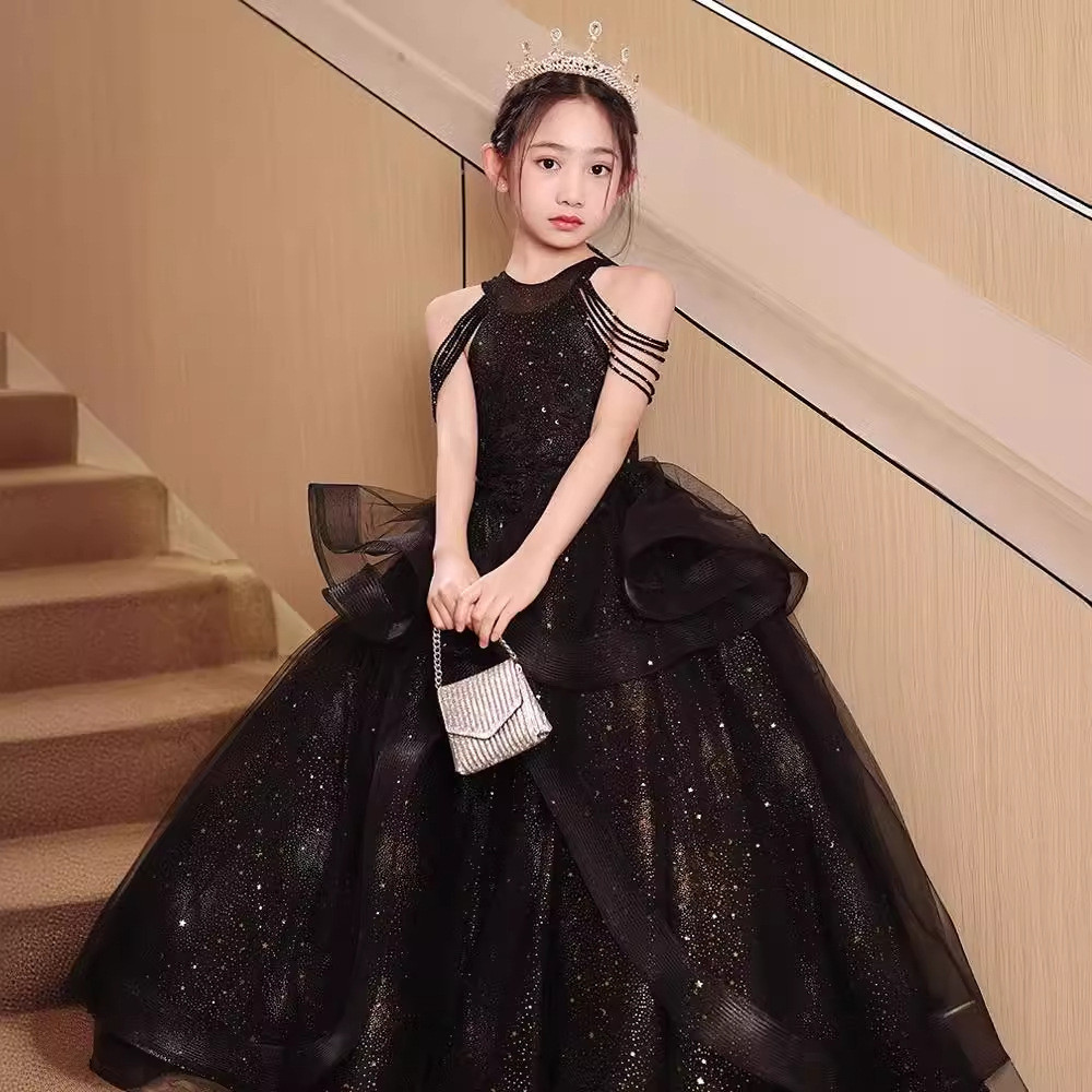 สาวชุดราตรีชุดเจ้าหญิงสีดํา2024รูปแบบใหม่ฤดูร้อนเด็กแคทวอล์โฮสต์เปียโนประสิทธิภาพเครื่องแต่งกายวันเกิดจัดเลี้ยงชุด