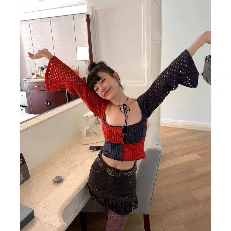 Yoyo ~ เกาหลีฤดูร ้ อน Retro ทรัมเป ็ ตแขนสี-Blocking Hollow Knitwear แขนยาวถัก kaijin เสื ้ อสเวตเตอร ์ ถักเหงื ่ อ