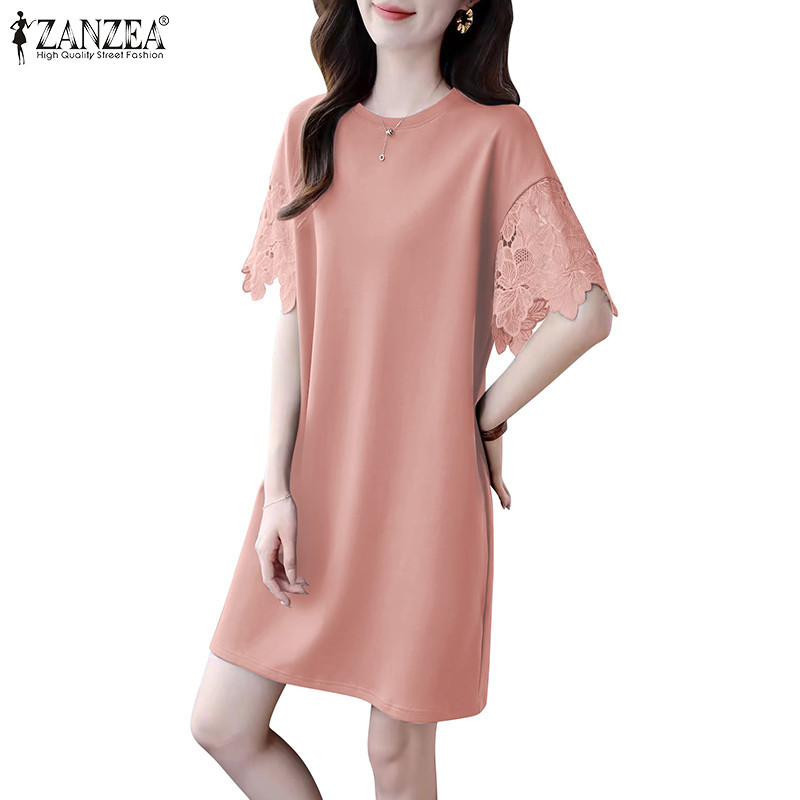 Zanzea ผู ้ หญิงเกาหลีคอกลม Flare Sleeve Patchwork ชุดเดรสสีทึบ