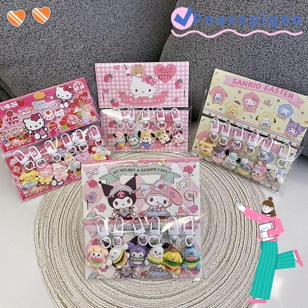 Peacepigeo 6 ชิ้น/เซ็ต Labubu พวงกุญแจ, Kuromi Cinnamoroll Sanrio พวงกุญแจ, การ์ตูน Melody Hello Kitty Capybara กระเป๋าจี้