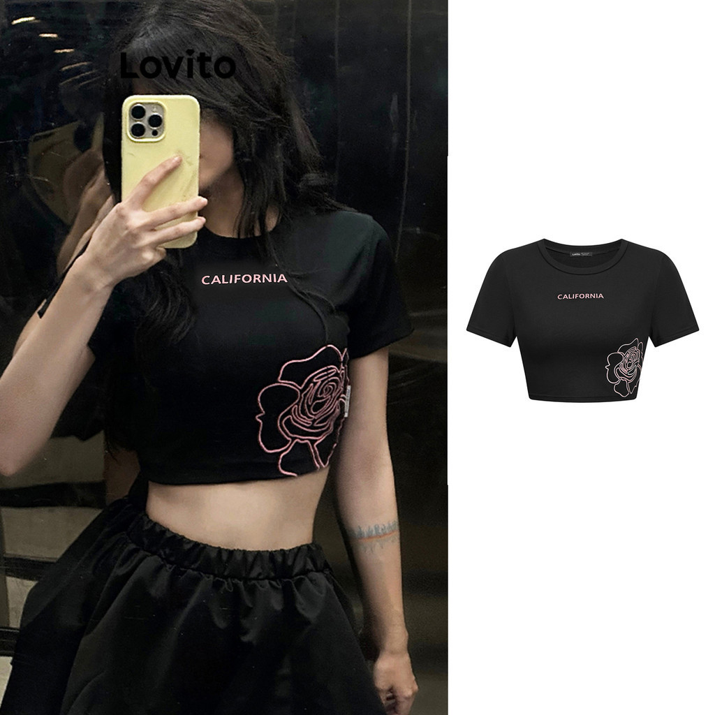 Lovito เสื้อยืดตัวอักษร Y2K ลำลองสำหรับผู้หญิง L85AD256