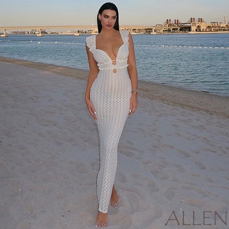 Allen-ผู้หญิงฤดูร้อนยาวถักชุดบินแขนลึก V คอ Ruffle เปิดกลับ Tie Up Dress