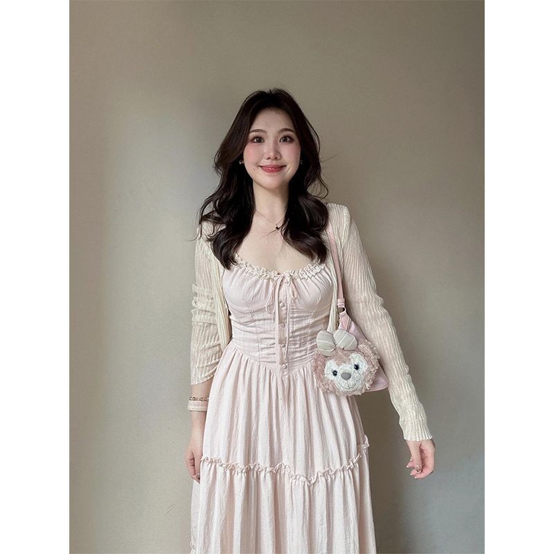 French Sweet Gentle Vacation Style Suspenders Dress Women2024Summer New Long Sleeve Sun-Protection Overshirt Two-Piece Suit Fashion CREW