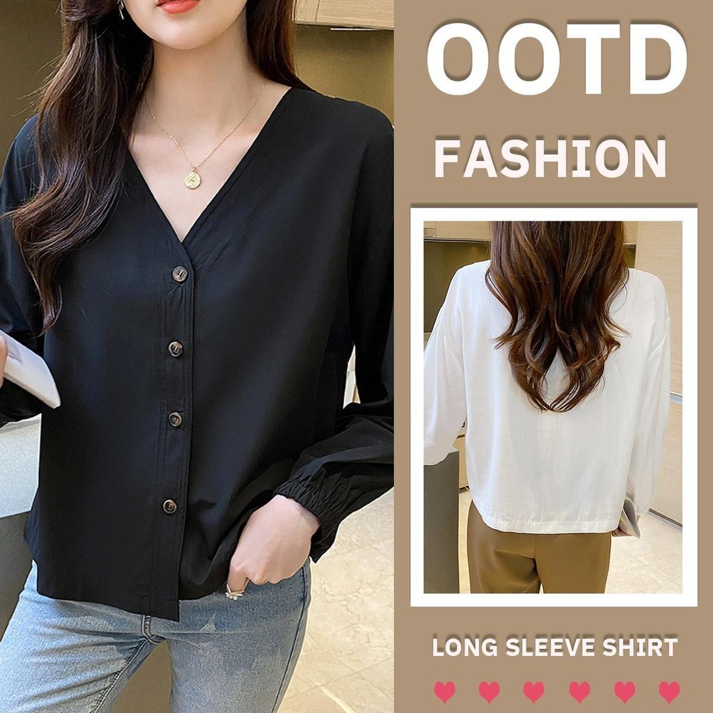 KOKO W394 เสื้อเชิ้ตแขนยาวลำลองสไตล์ผู้หญิง คอวี เสื้อเชิ้ตสีขาว แฟชั่น ย้อนยุค ใส่ทำงาน/ใส่ในชีวิตประจำวัน สีธรรมดา