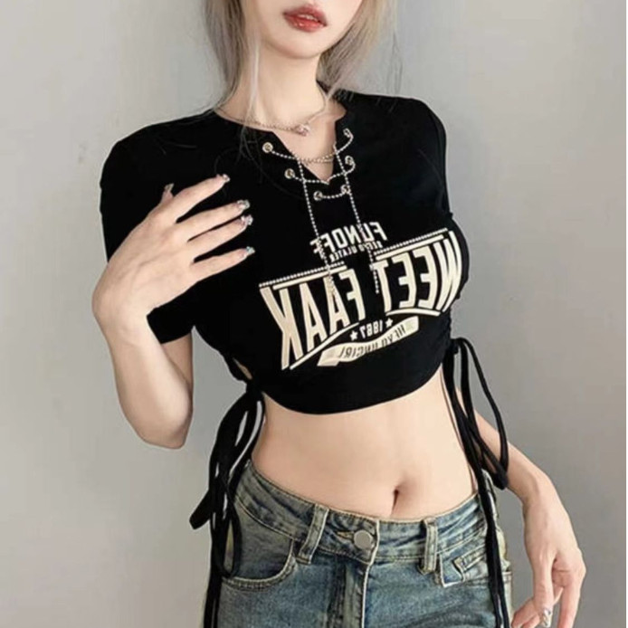 Hiphop Croptop สําหรับผู้หญิง Crop เซ็กซี่ Crop Top สําหรับผู้หญิงเต้นรําสีดํา Crop Top เสื้อคอวีเกาหลีอินเทรนด์ Tops สําหรับผู้หญิง