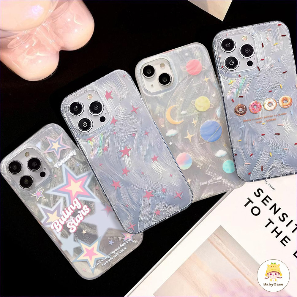 แฟนตาซี Bling ดาวดวงจันทร์ดาวเคราะห์โดนัทโฮโลแกรมเลเซอร์เคสใสสำหรับ iPhone 15 13 14 11 12 Pro Max 7 8 Plus XR X XS Max