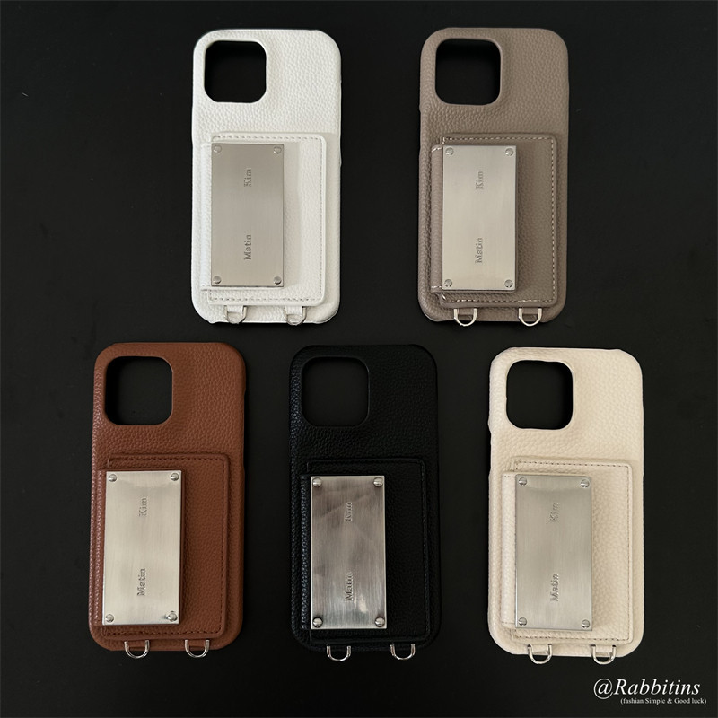 Litchi Grain หนังใส่การ์ดกระเป๋าหรือ iPhone 16 15 14 13 12 11 Pro Max 16 15 14 Plus Matin Kim ป้ายโลหะออกแบบ Anti Falling Cover